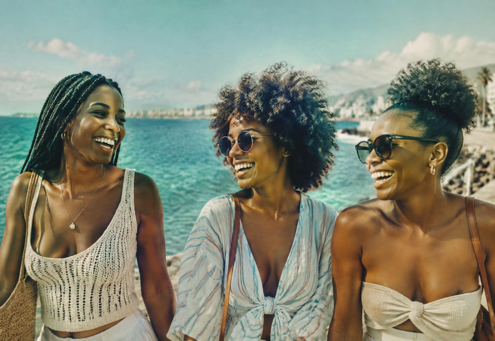 Three friends laughing together on a sunlit coastal promenade